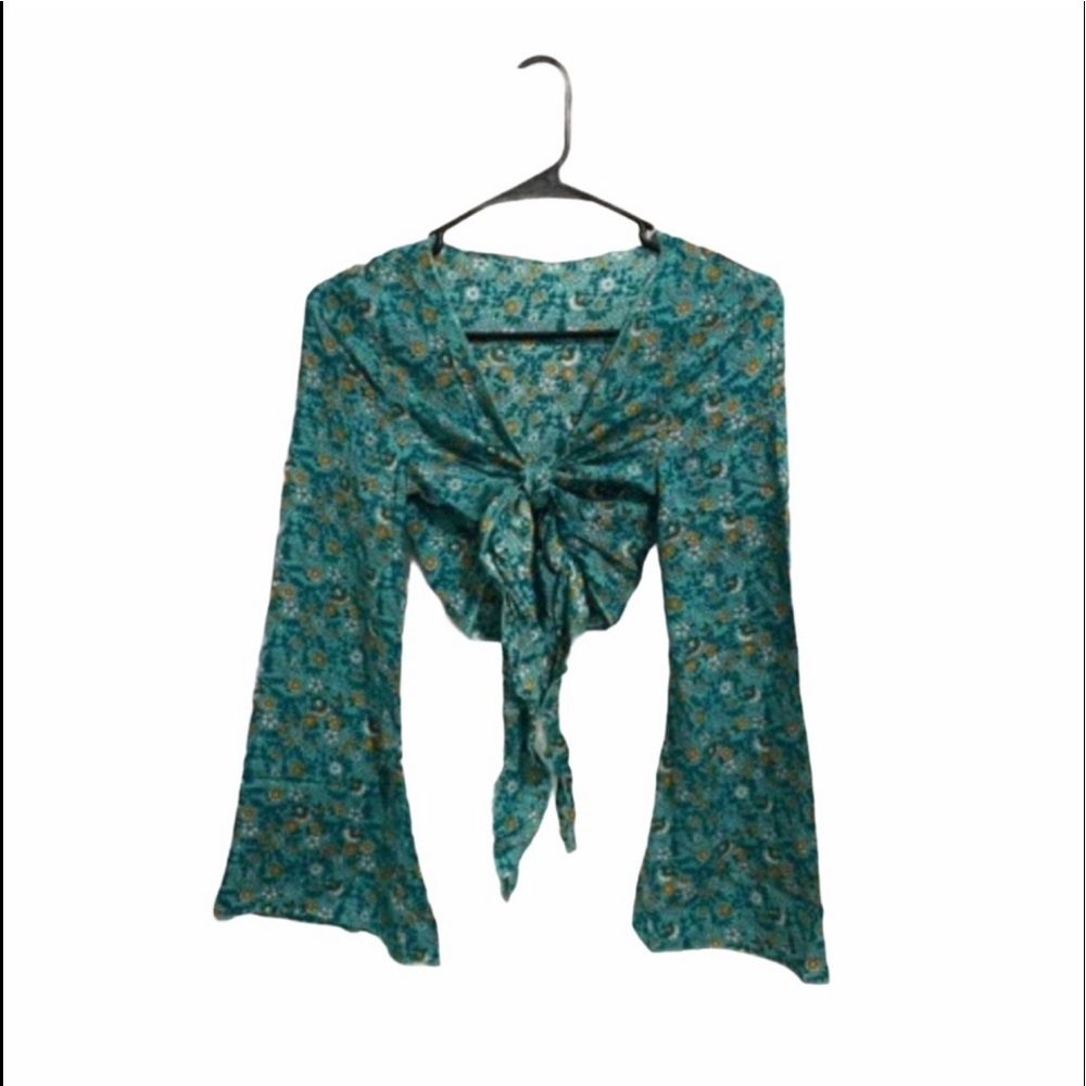 New Boho Floral Green & Orange Ditzy Bell Sleeve Tie Front Crop Kimono Top - Picture 12 of 16